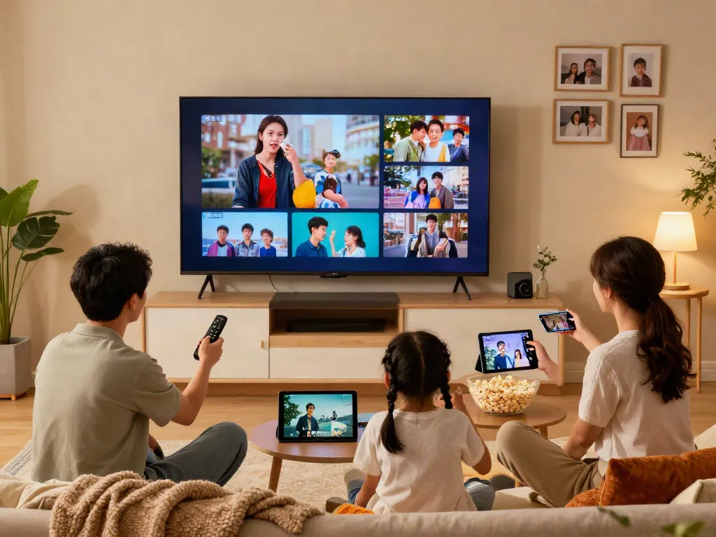 Profitez de l'application atlas pro iptv dans un cadre familial chaleureux, regardant des films ensemble.