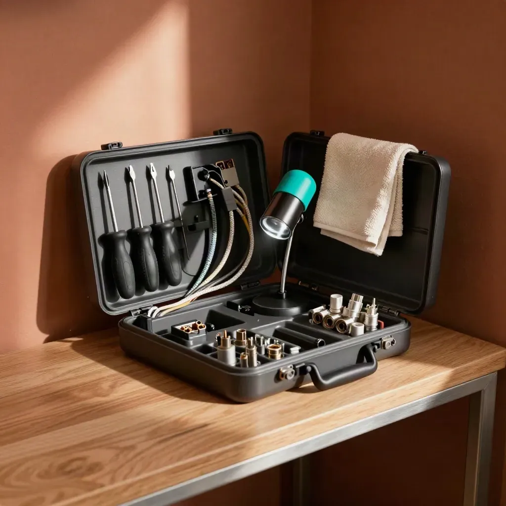 Mallette de maintenance ouverte, outils de précision et câbles tressés sur un plan chaud et lumineux.
