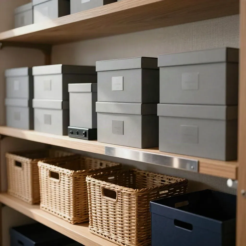 Rayonnage de boutique ordonné avec boîtes d’archives, paniers de reprise et terminal éteint.