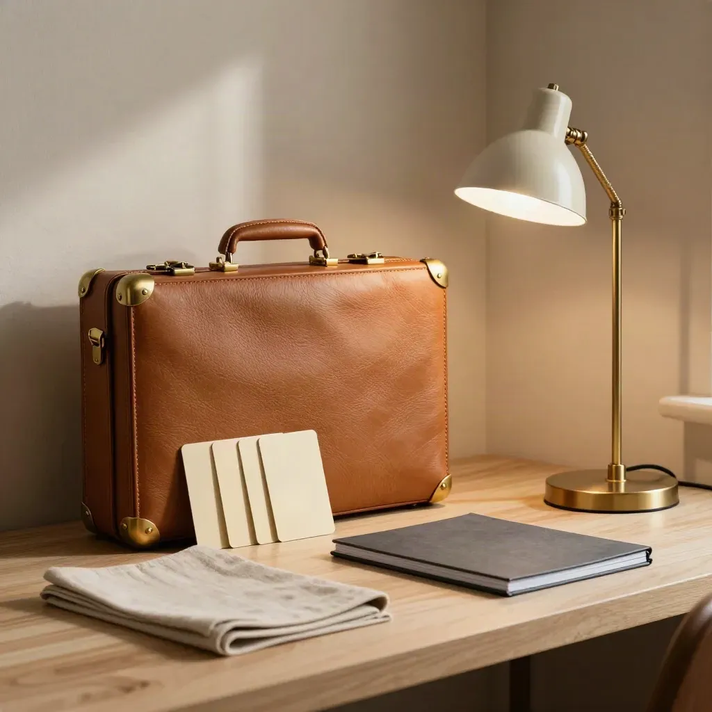 Coin de studio avec mallette en cuir, cartes de version et lampe éteinte sur plinthe claire.