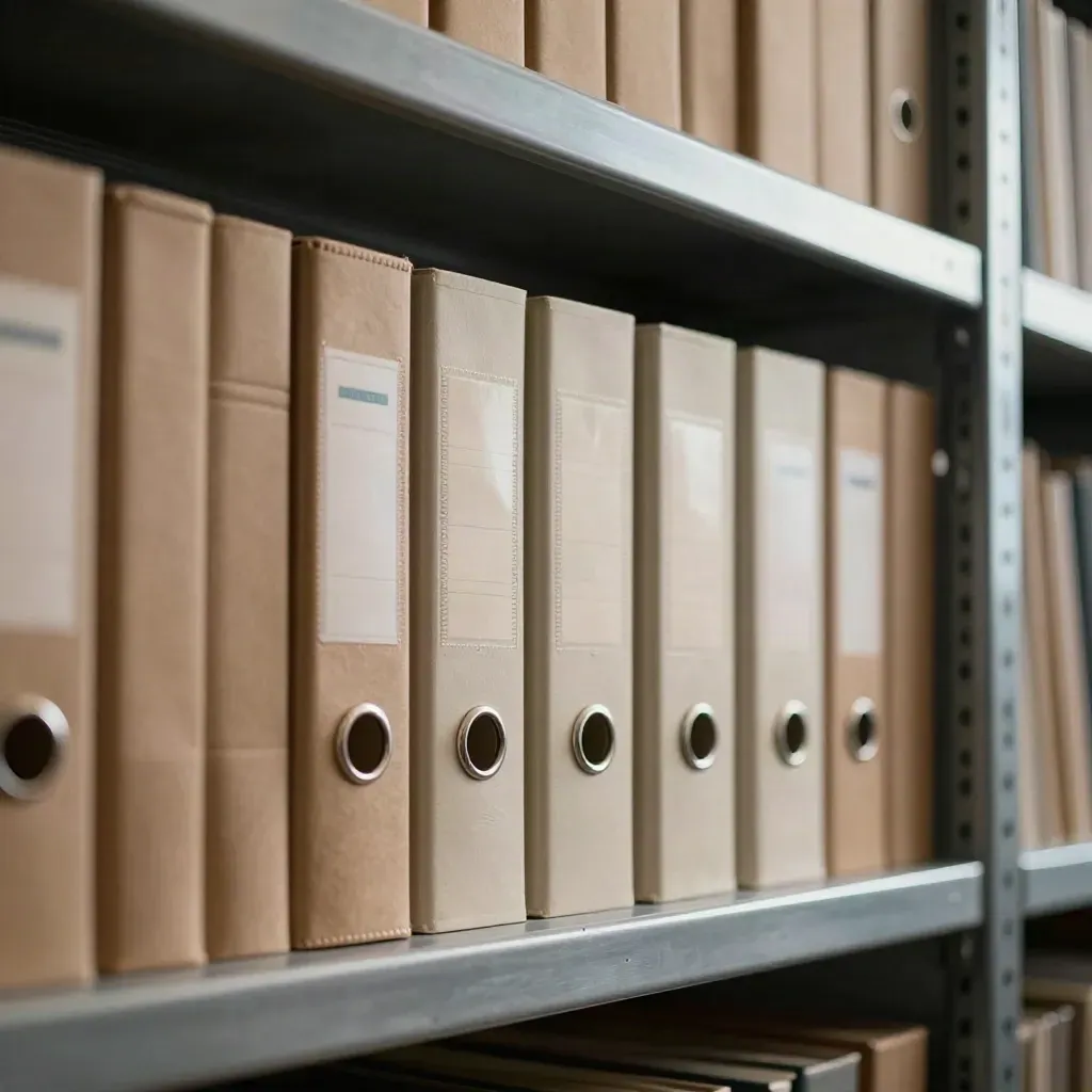Étagère d’archives monumentale avec boîtes fermées, classeurs et anneaux turquoise, dans une lumière dramatique.