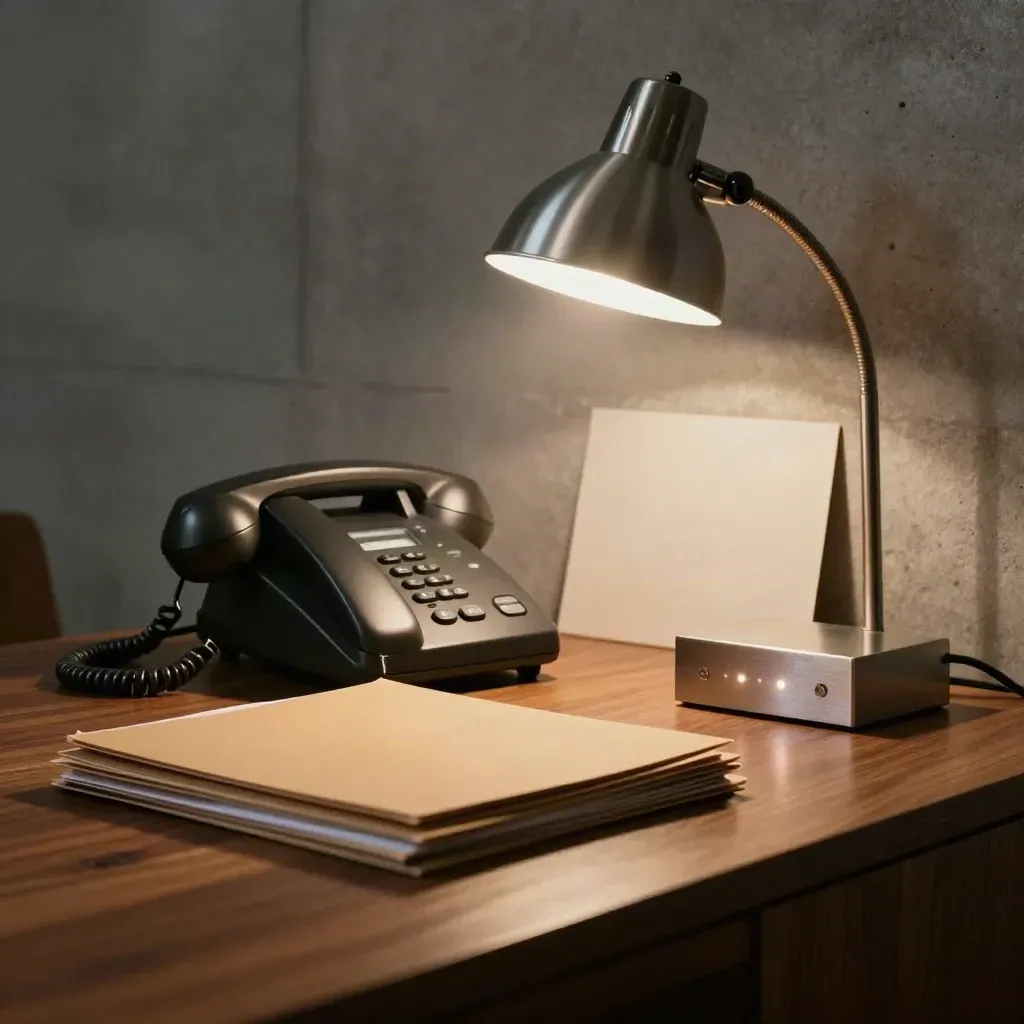 Station d’assistance locale avec téléphone, dossiers, lampe et boîtier lumineux sur bois