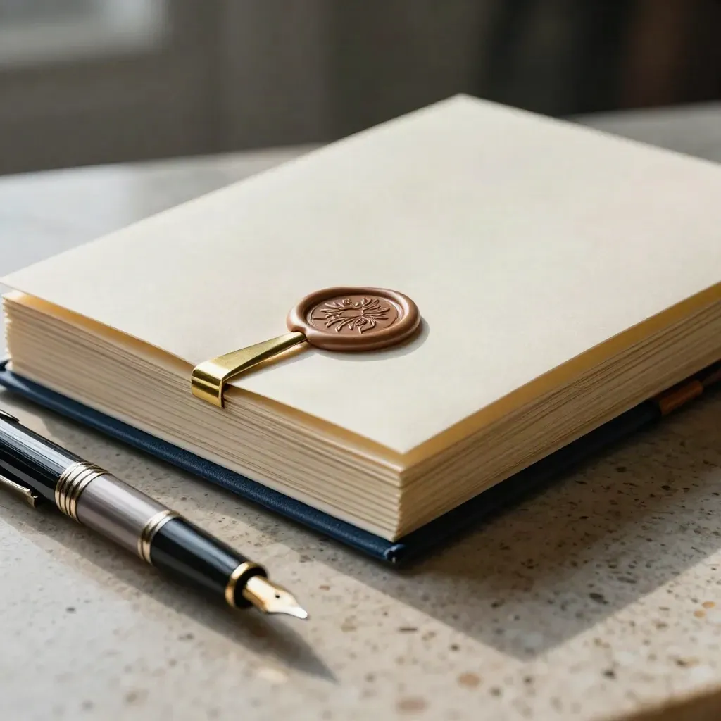 Dossier de devis premium scellé sur travertin avec pince dorée, cartes crème et plume.