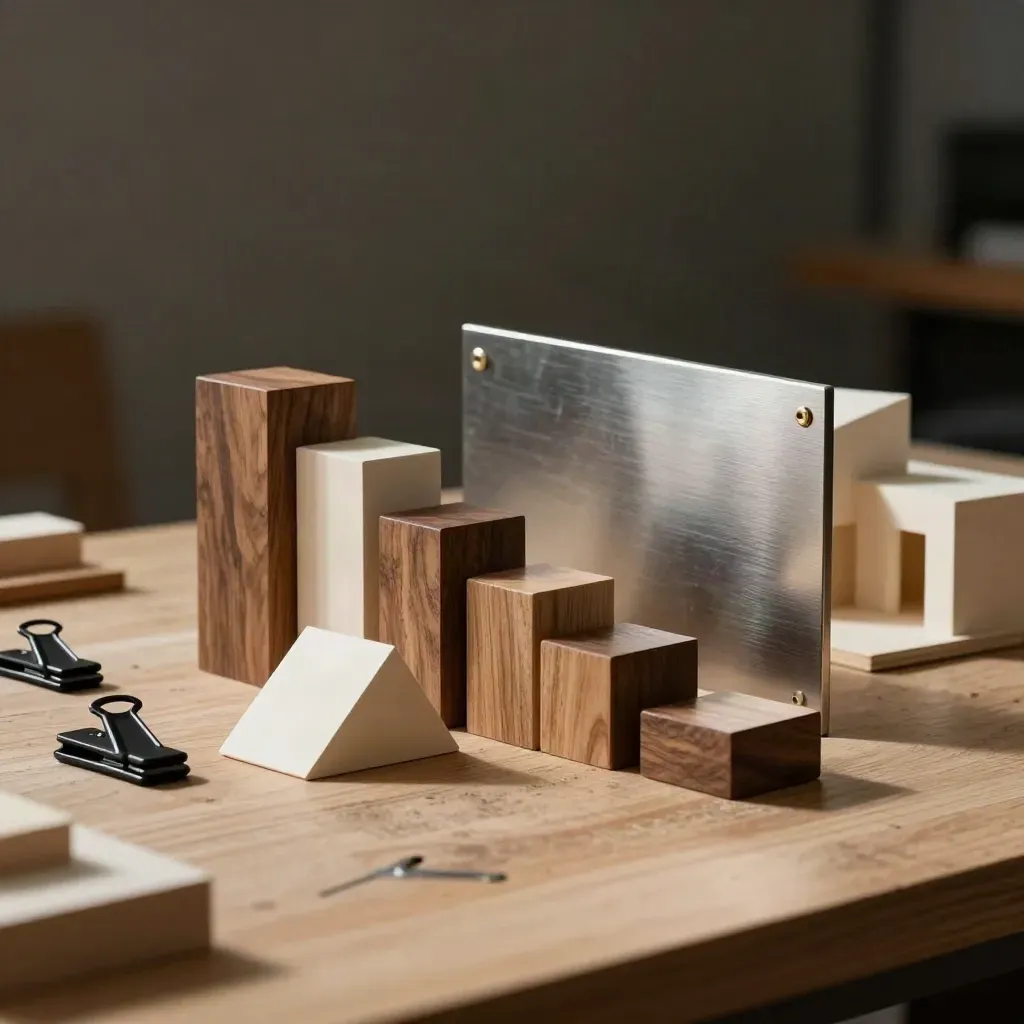 Maquette de projet avec blocs géométriques, diviseur métallique et attaches noires sur bois clair.