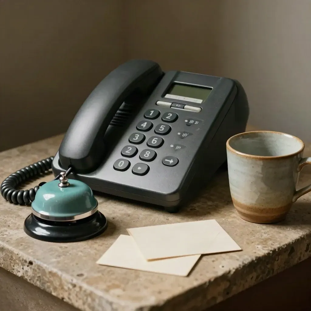 Téléphone pro, carillon de comptoir, cartes neutres et tasse en céramique sur pierre.