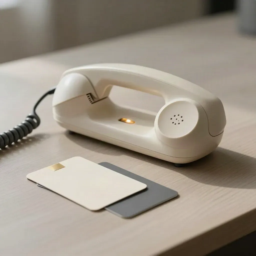 Combiné téléphonique allumé, cordon spiralé et deux cartes de contact sur bois clair.