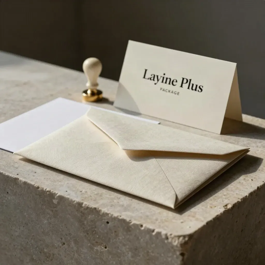Enveloppe épaisse, chemise blanche et sceau discret sur pierre, pour un devis clair.