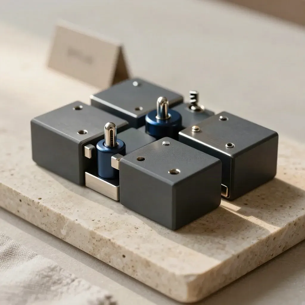 Modules modulaires et attaches métalliques sur plâtre clair, lumière douce, accent bleu marine.