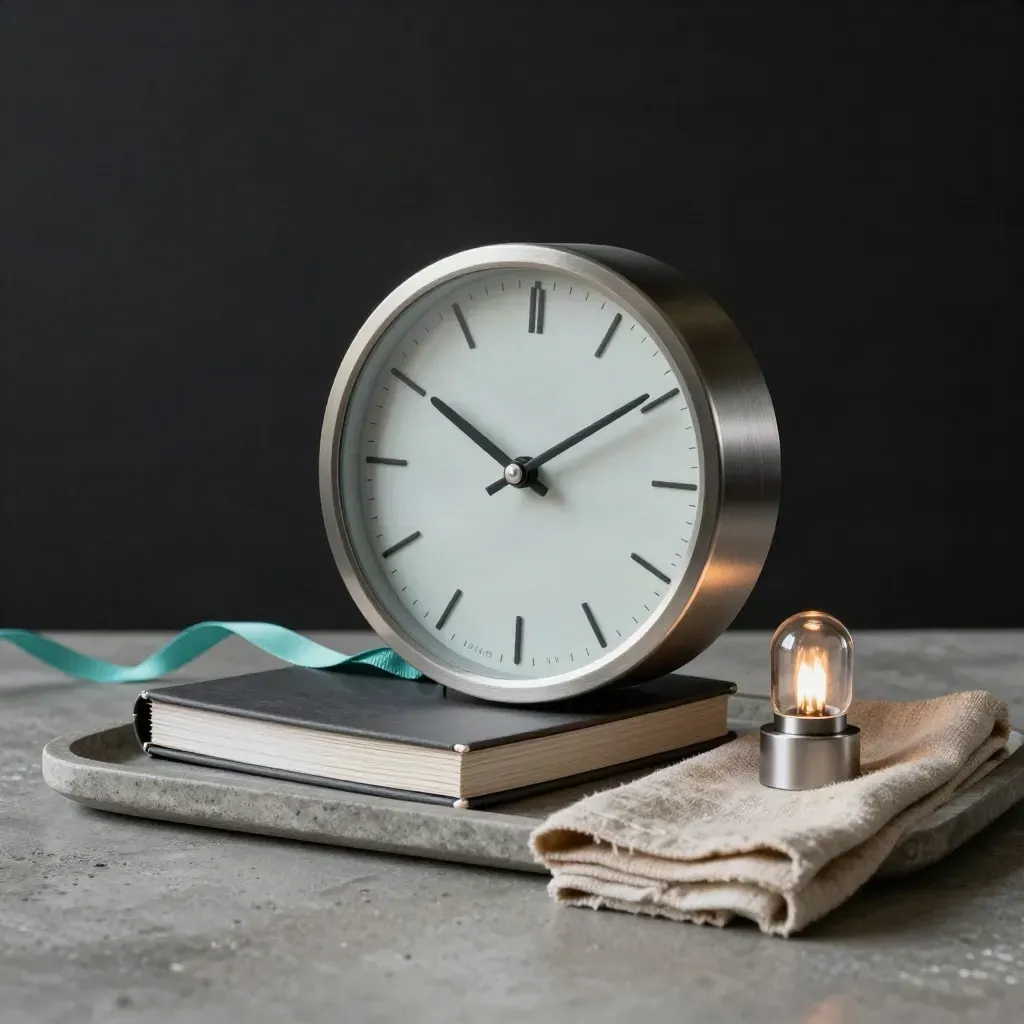 Station de suivi avec horloge, ruban turquoise, dossier fermé et lampe sur plateau de pierre.