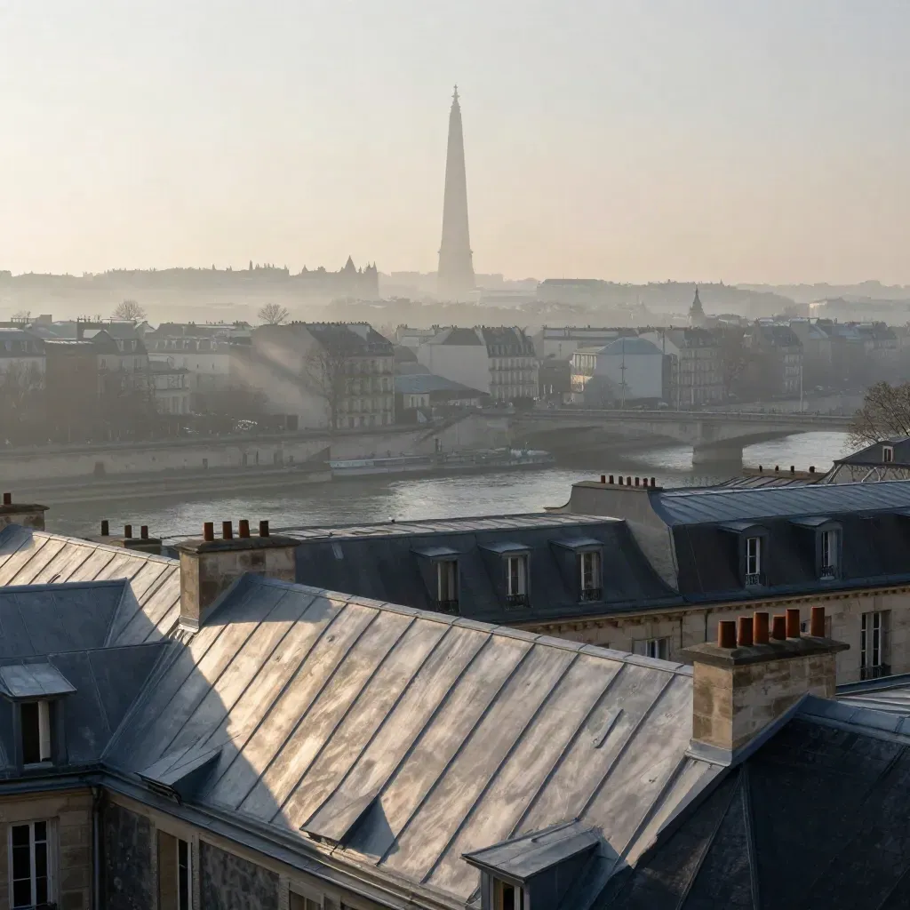 Paris à l’aube, toits en zinc, Seine brumeuse et monument lointain