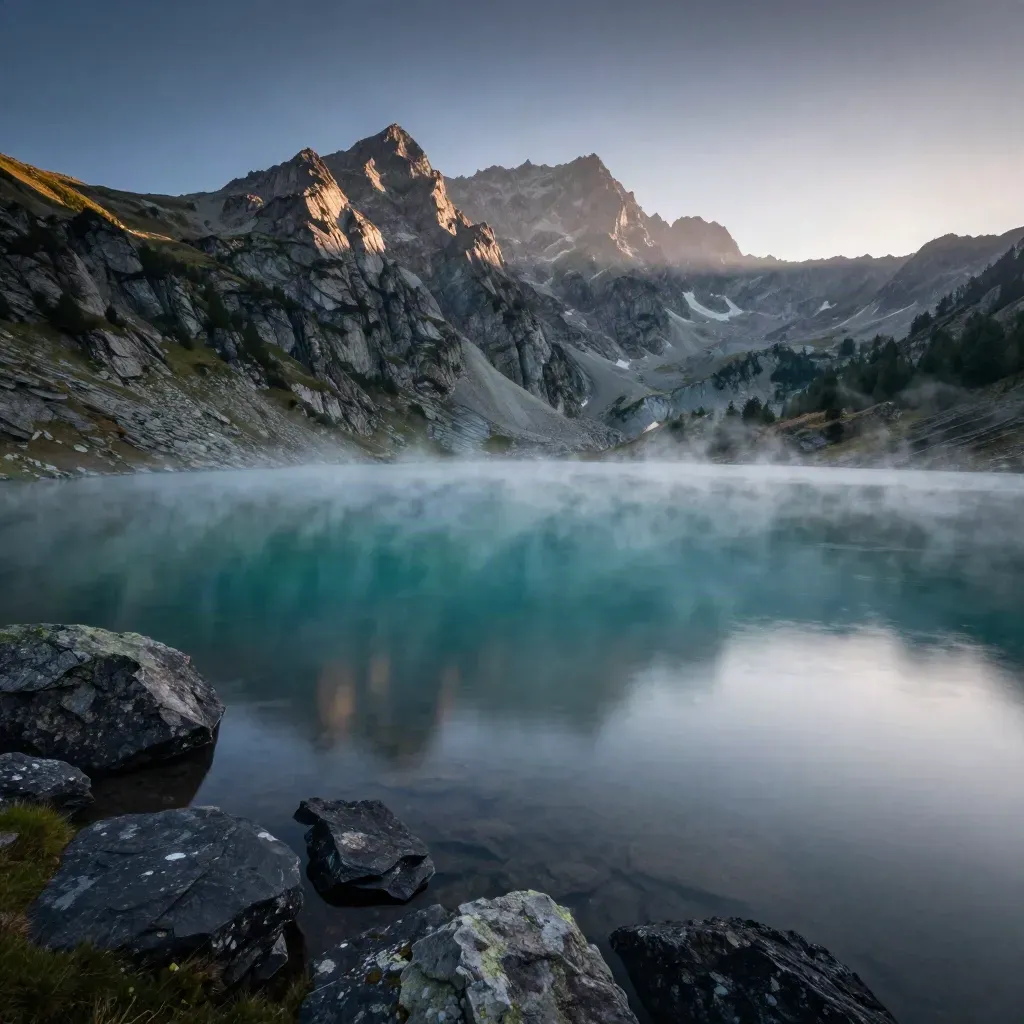 lac alpin au lever du soleil, montagnes hautes et brume douce