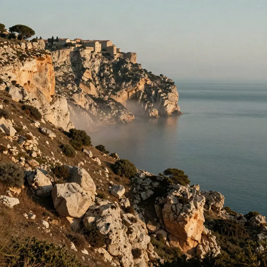 Falaises ocre, mer calme et village perché sous une lumière dorée en Provence.