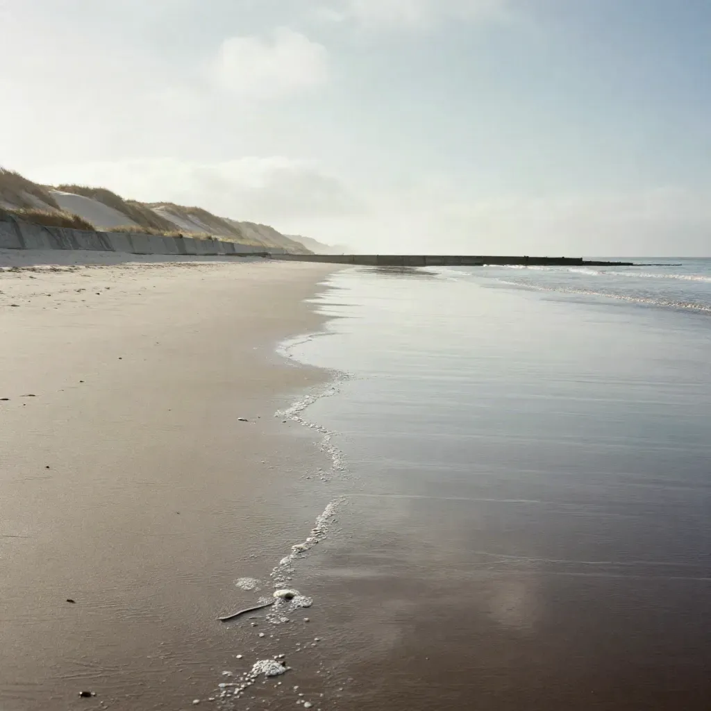 Coste du Nord avec dune pâle, digue basse et sable mouillé sous un ciel lourd.