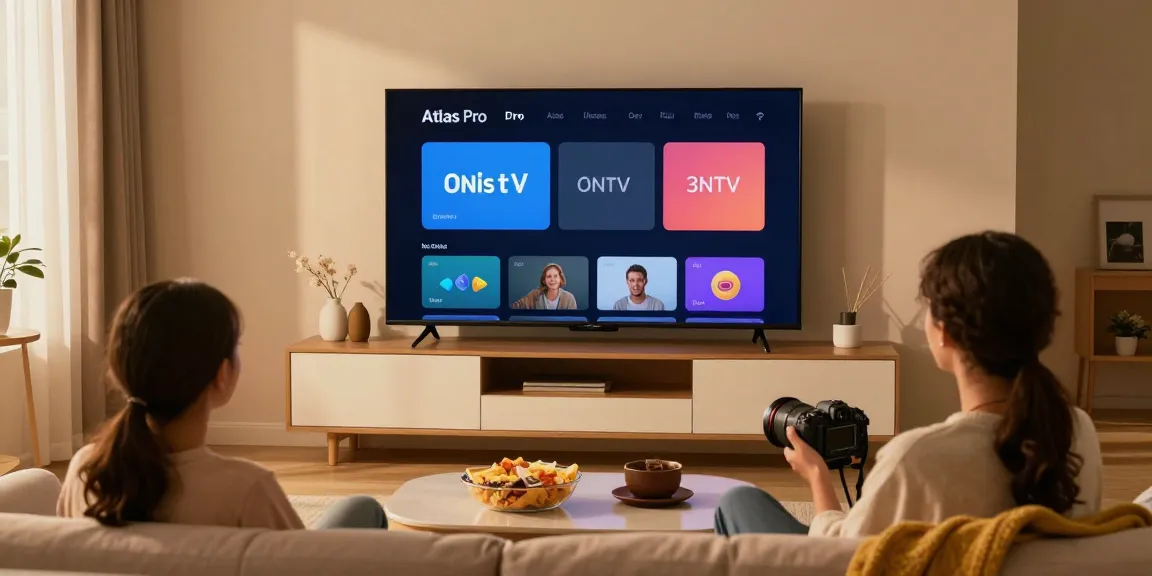 Application Atlas Pro sur grand écran TV dans un salon accueillant.